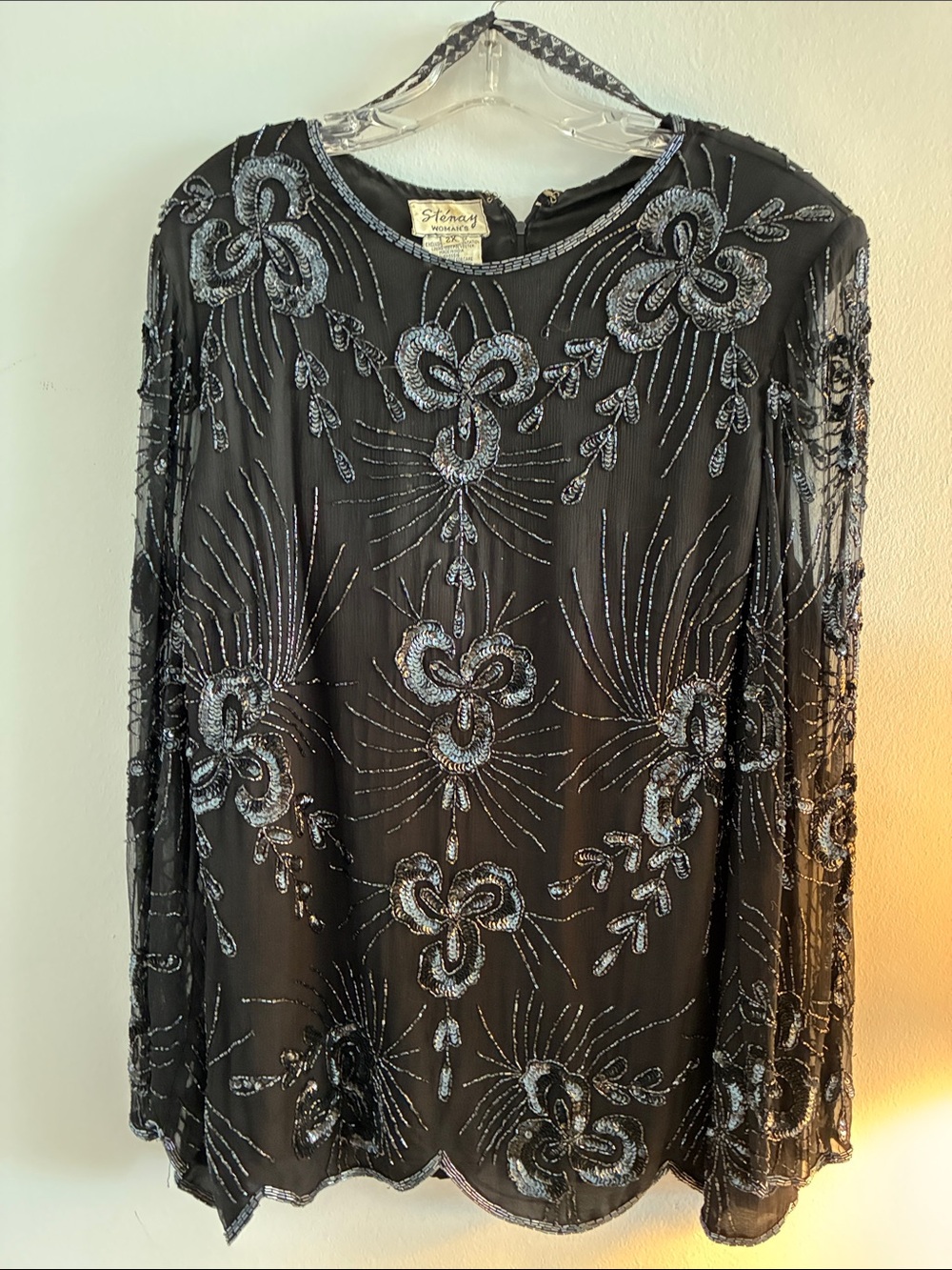Stenay Black Sequined Blouse with Black Beaded and sequined Floral Embroidery